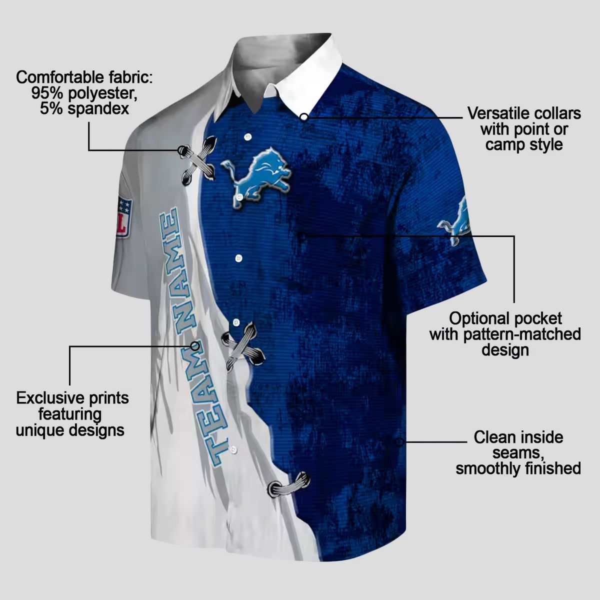 Custom Detroit Lions Hawaiian Shirt, Edgy Streaks Blue & White Aloha Shirt