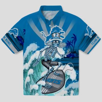 Custom NFL Detroit Lions Blue Hawaiian Shirt – Skeleton Surf Fan Gift