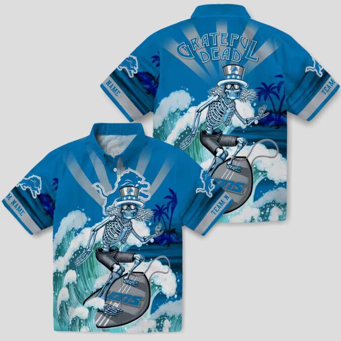 Custom NFL Detroit Lions Blue Hawaiian Shirt – Skeleton Surf Fan Gift