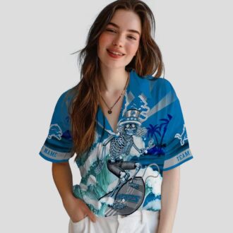 Custom NFL Detroit Lions Blue Hawaiian Shirt – Skeleton Surf Fan Gift