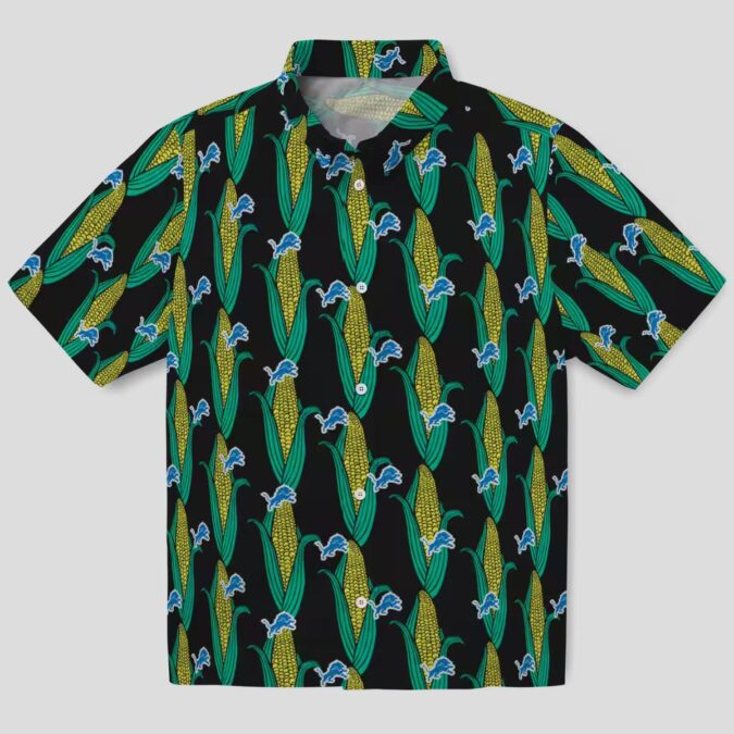Detroit Lions Aloha Hawaiian Shirt, Black Green Corn Print Vacation Shirt