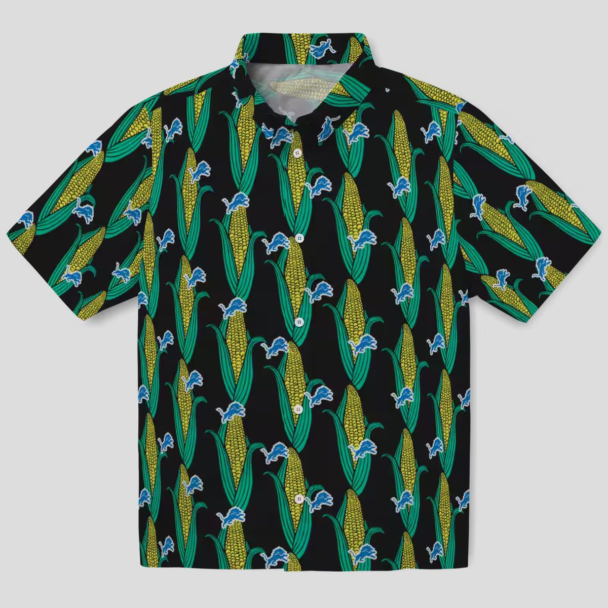 Detroit Lions Aloha Hawaiian Shirt, Black Green Corn Print Vacation Shirt