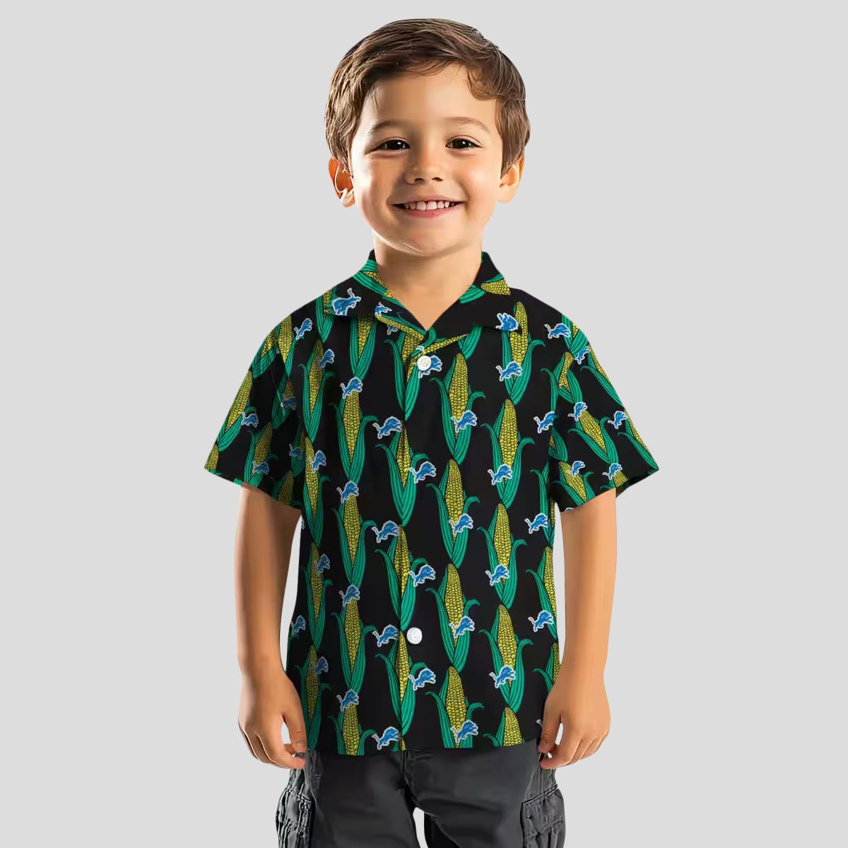 Detroit Lions Aloha Hawaiian Shirt, Black Green Corn Print Vacation Shirt