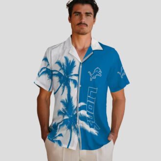 Detroit Lions Beach Hawaiian Shirt, Blue & White Palm Trees Aloha Apparel