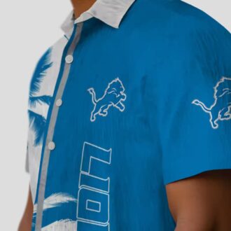 Detroit Lions Beach Hawaiian Shirt, Blue & White Palm Trees Aloha Apparel