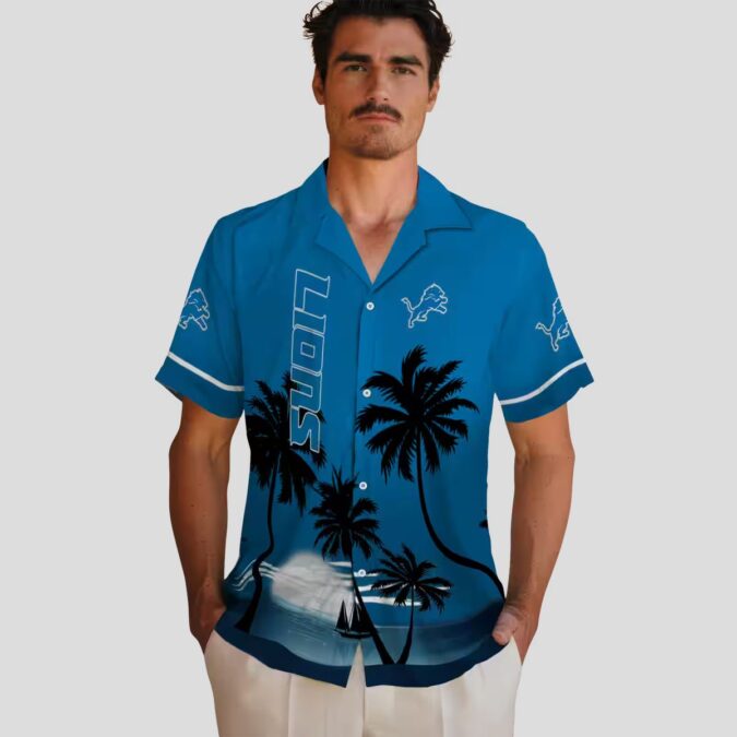 Detroit Lions Beach Sunset Hawaiian Shirt, Blue & Black Tropical Vacation Fan Apparel