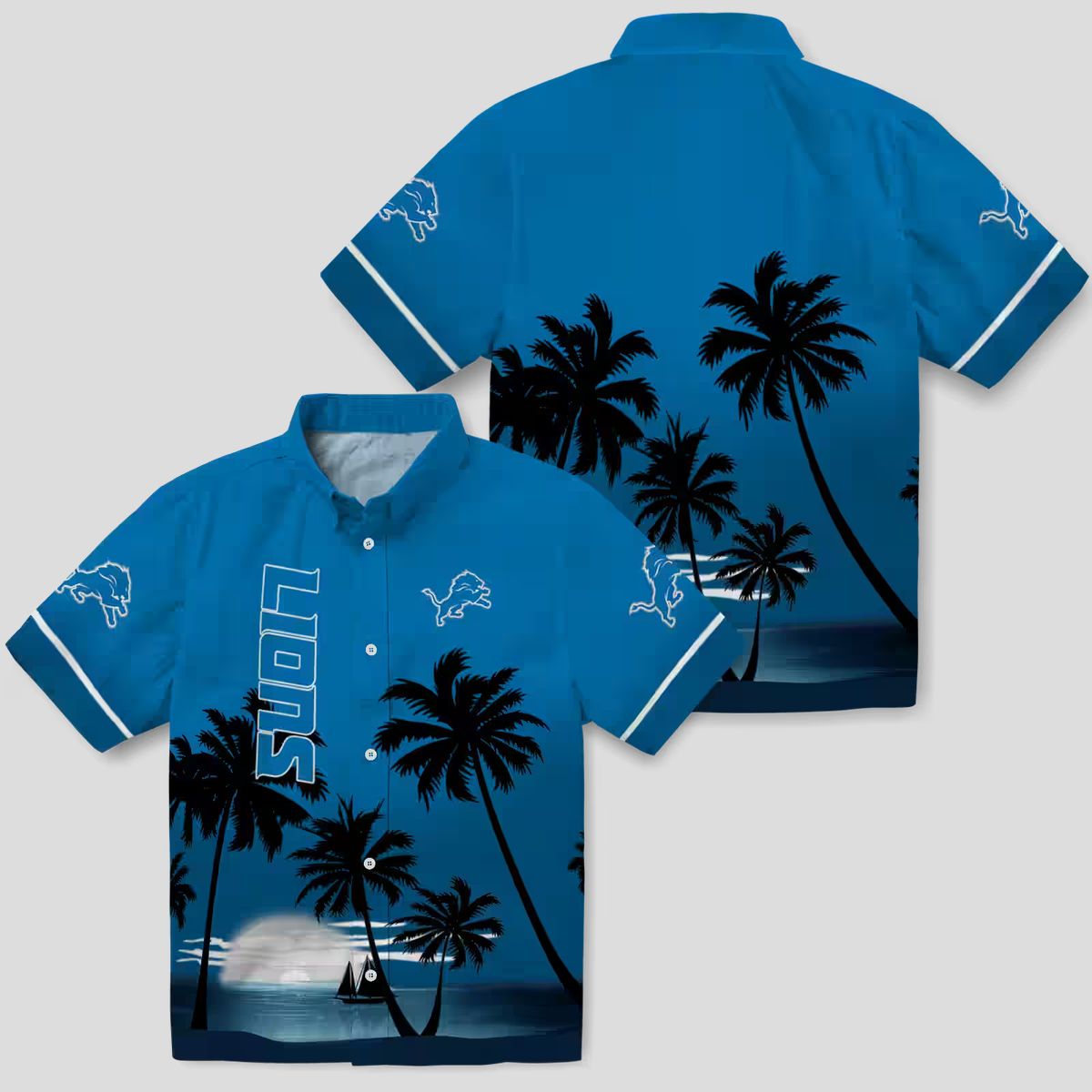 Detroit Lions Beach Sunset Hawaiian Shirt, Blue & Black Tropical Vacation Fan Apparel