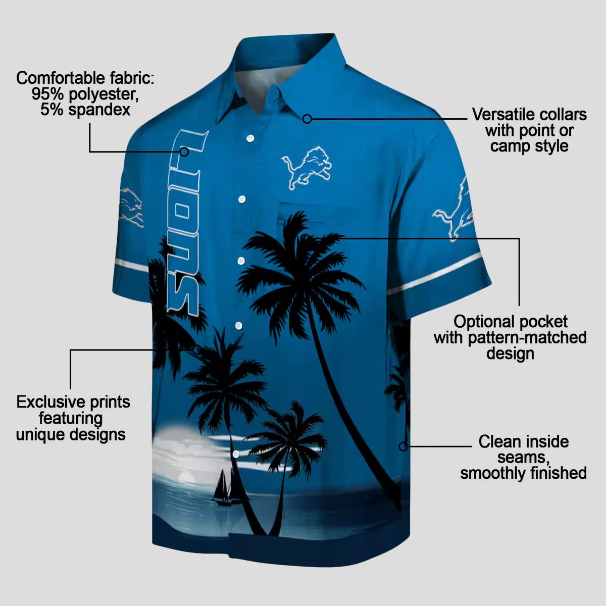 Detroit Lions Beach Sunset Hawaiian Shirt, Blue & Black Tropical Vacation Fan Apparel