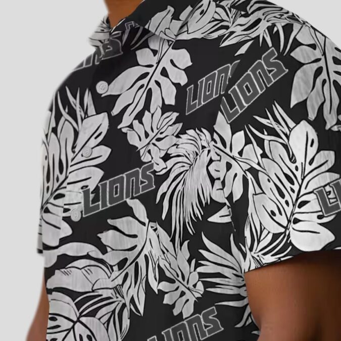 Detroit Lions Black Hawaiian Shirt – Polynesian Monstera Leaf Aloha Button Up
