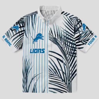 Detroit Lions Black White Hawaiian Shirt, Palm Stripes Blue Aloha Shirt