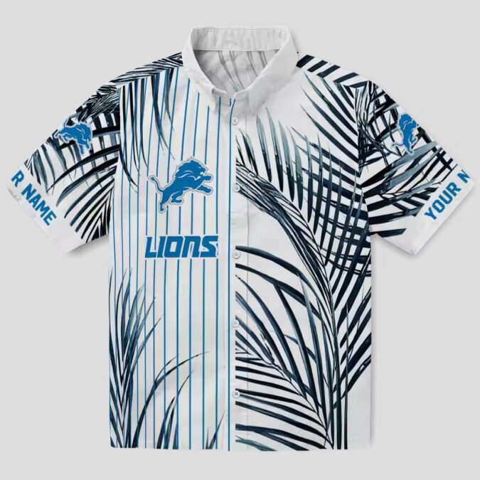 Detroit Lions Black White Hawaiian Shirt, Palm Stripes Blue Aloha Shirt