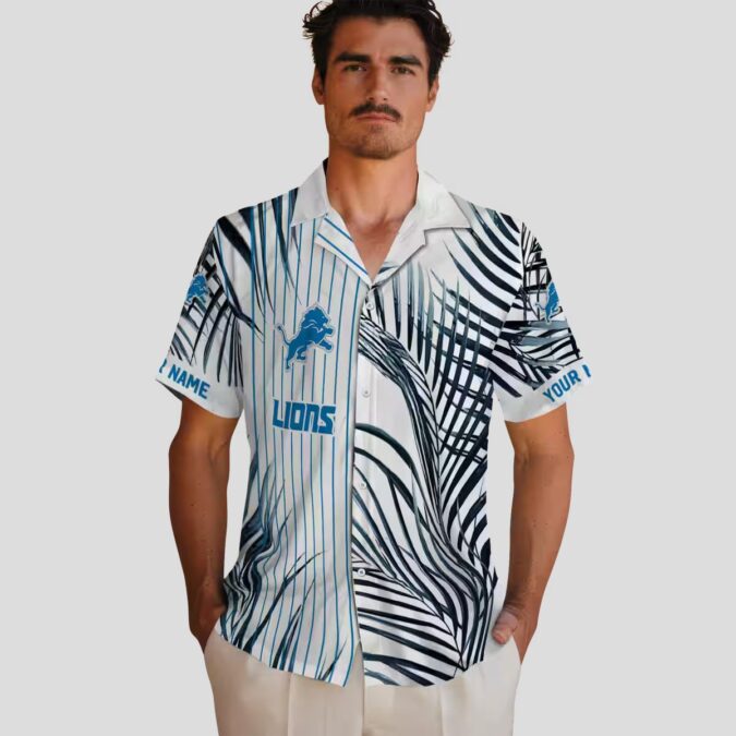 Detroit Lions Black White Hawaiian Shirt, Palm Stripes Blue Aloha Shirt