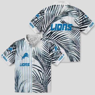 Detroit Lions Black White Hawaiian Shirt, Palm Stripes Blue Aloha Shirt