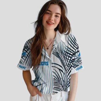 Detroit Lions Black White Hawaiian Shirt, Palm Stripes Blue Aloha Shirt