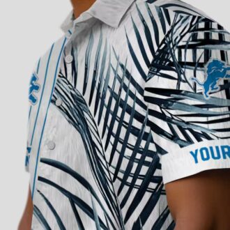 Detroit Lions Black White Hawaiian Shirt, Palm Stripes Blue Aloha Shirt