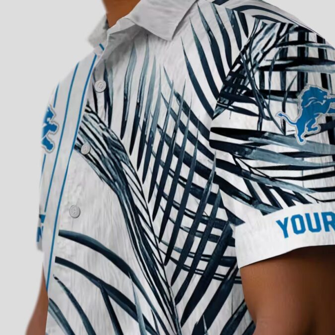 Detroit Lions Black White Hawaiian Shirt, Palm Stripes Blue Aloha Shirt