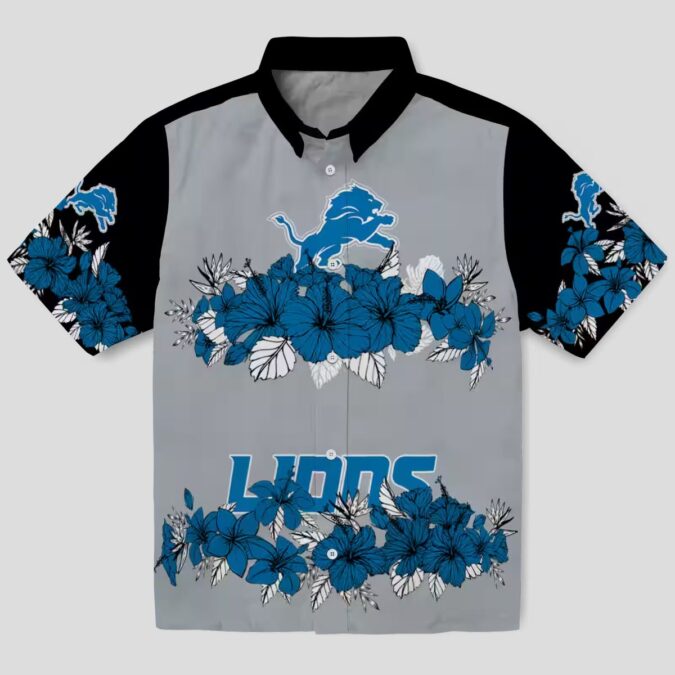 Detroit Lions Blue Black Hawaiian Shirt - Hibiscus Floral Polynesian Design