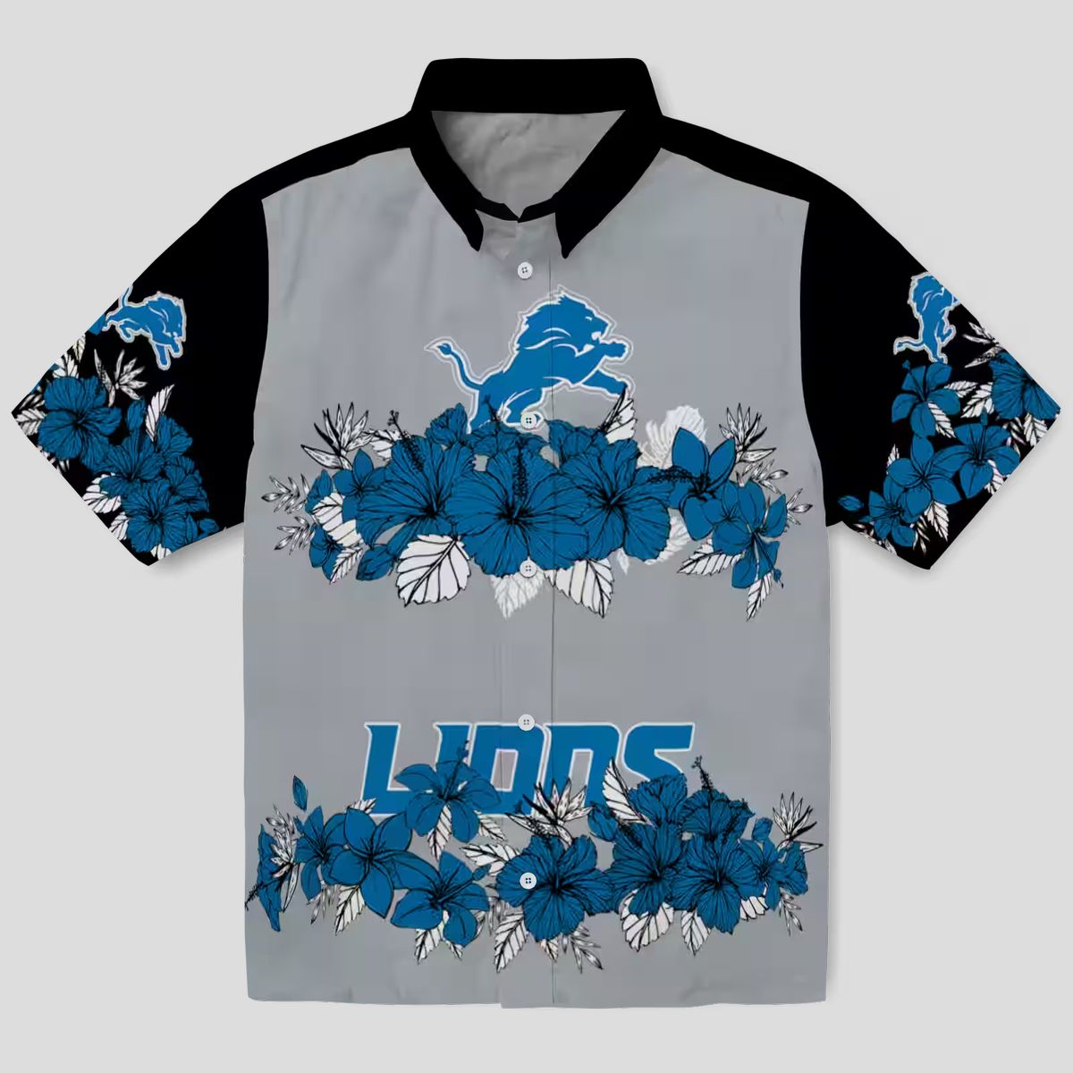 Detroit Lions Blue Black Hawaiian Shirt - Hibiscus Floral Polynesian Design