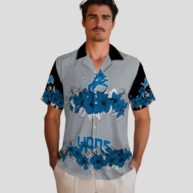 Detroit Lions Blue Black Hawaiian Shirt - Hibiscus Floral Polynesian Design