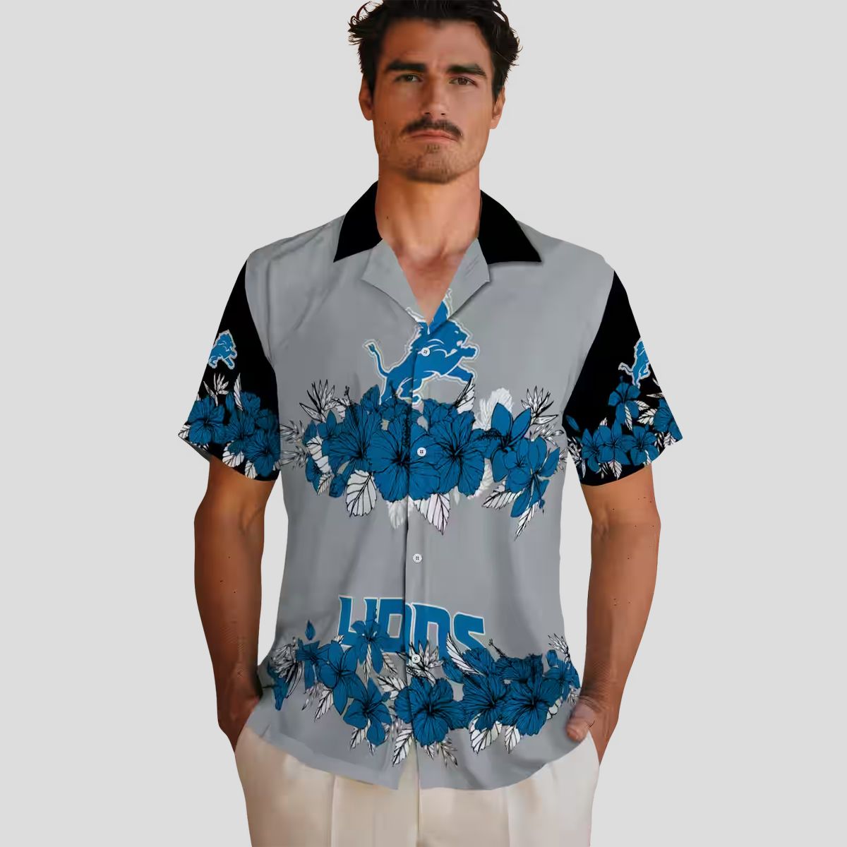Detroit Lions Blue Black Hawaiian Shirt - Hibiscus Floral Polynesian Design