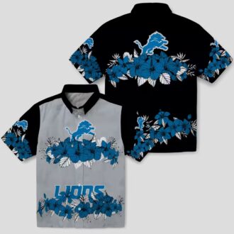 Detroit Lions Blue Black Hawaiian Shirt - Hibiscus Floral Polynesian Design