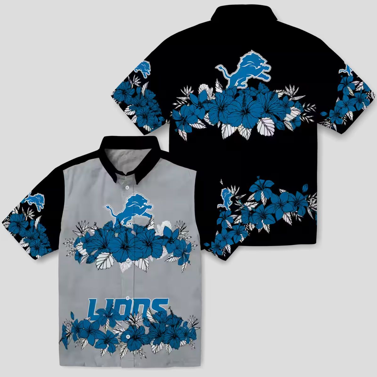 Detroit Lions Blue Black Hawaiian Shirt - Hibiscus Floral Polynesian Design