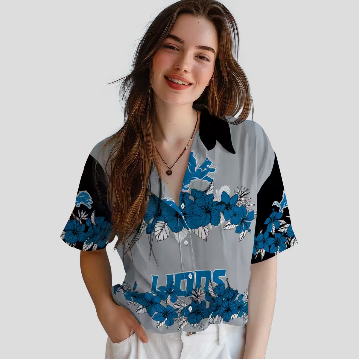 Detroit Lions Blue Black Hawaiian Shirt - Hibiscus Floral Polynesian Design