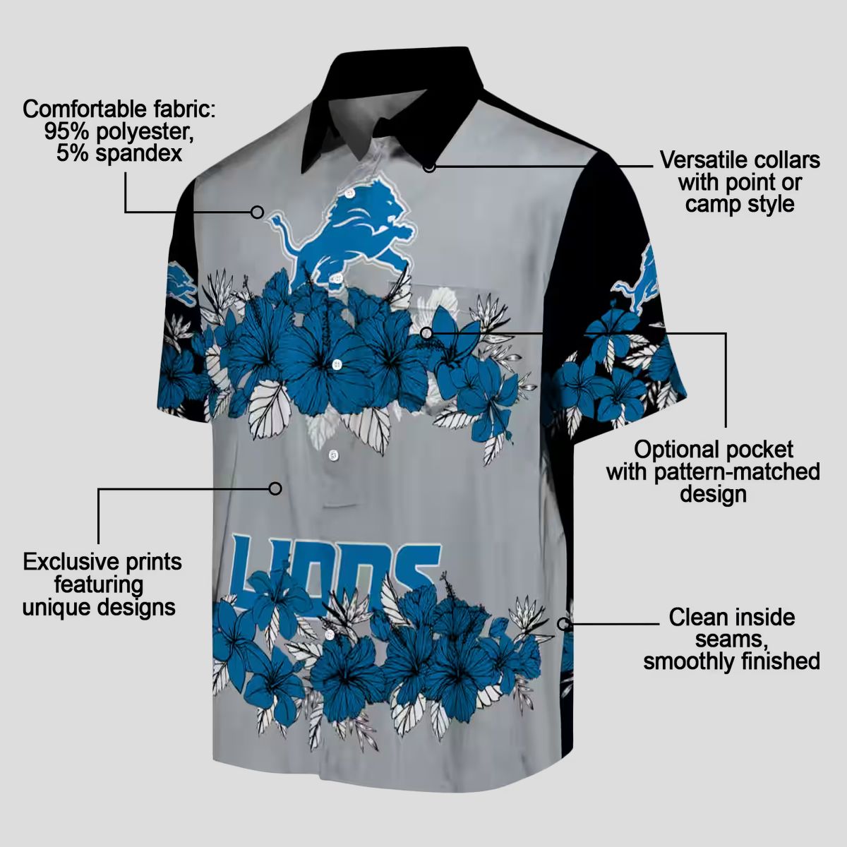 Detroit Lions Blue Black Hawaiian Shirt - Hibiscus Floral Polynesian Design