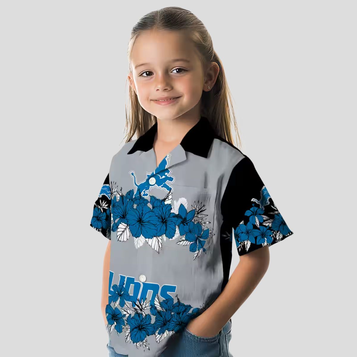 Detroit Lions Blue Black Hawaiian Shirt - Hibiscus Floral Polynesian Design