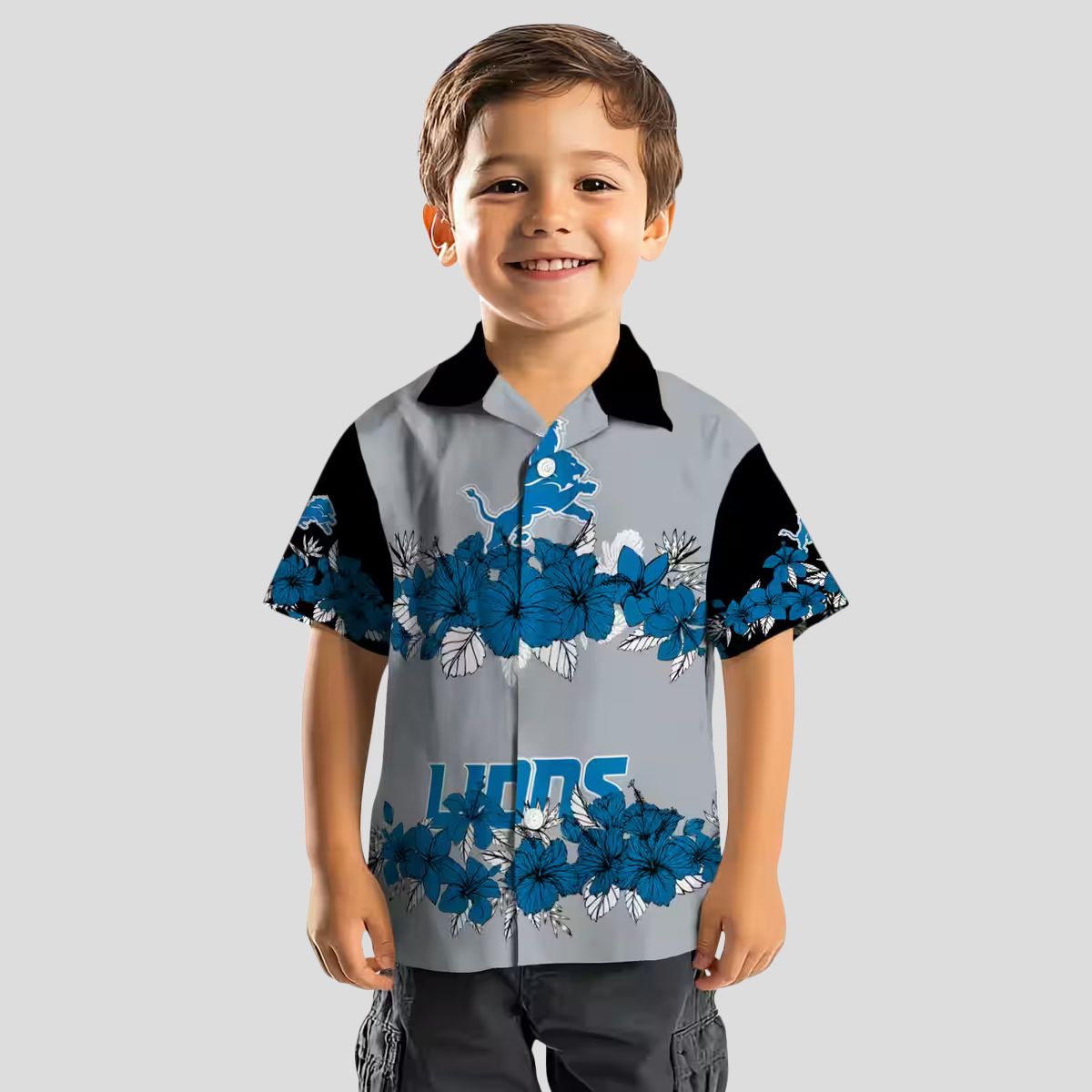 Detroit Lions Blue Black Hawaiian Shirt - Hibiscus Floral Polynesian Design