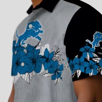 Detroit Lions Blue Black Hawaiian Shirt - Hibiscus Floral Polynesian Design