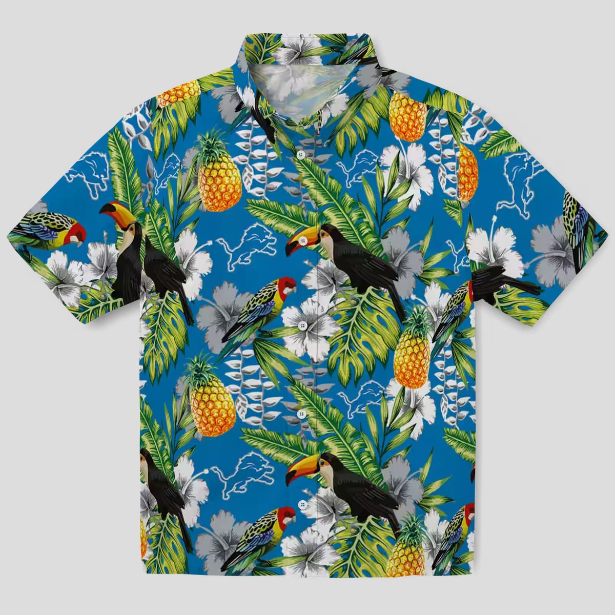 Detroit Lions Blue Green Hawaiian Shirt, Custom Name Tropical Toucan Summer Outfit