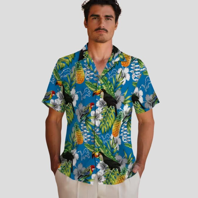 Detroit Lions Blue Green Hawaiian Shirt, Custom Name Tropical Toucan Summer Outfit