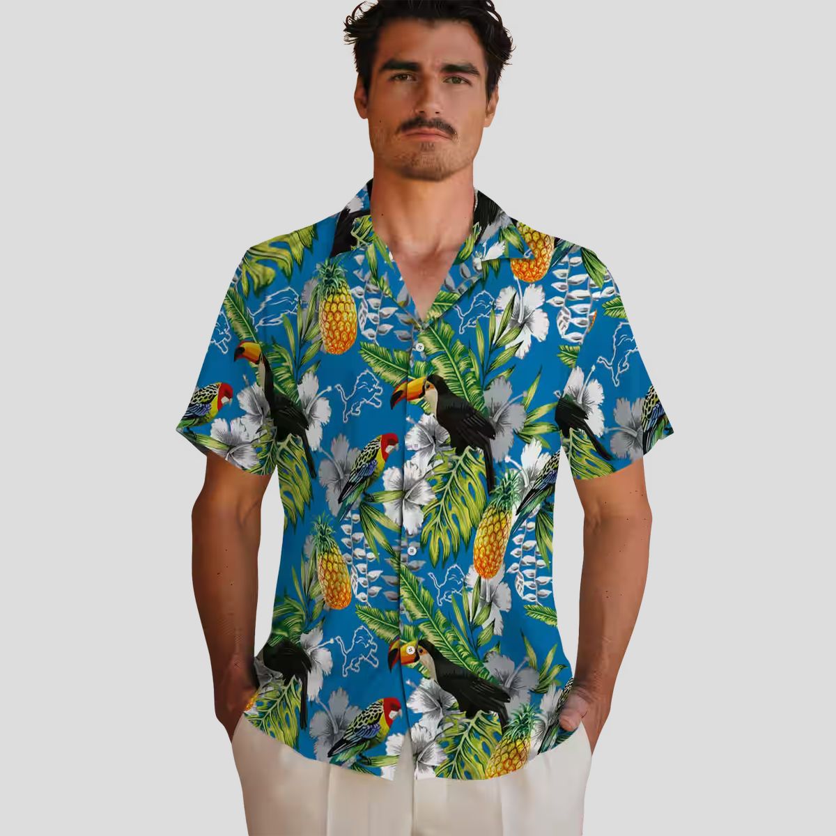 Detroit Lions Blue Green Hawaiian Shirt, Custom Name Tropical Toucan Summer Outfit