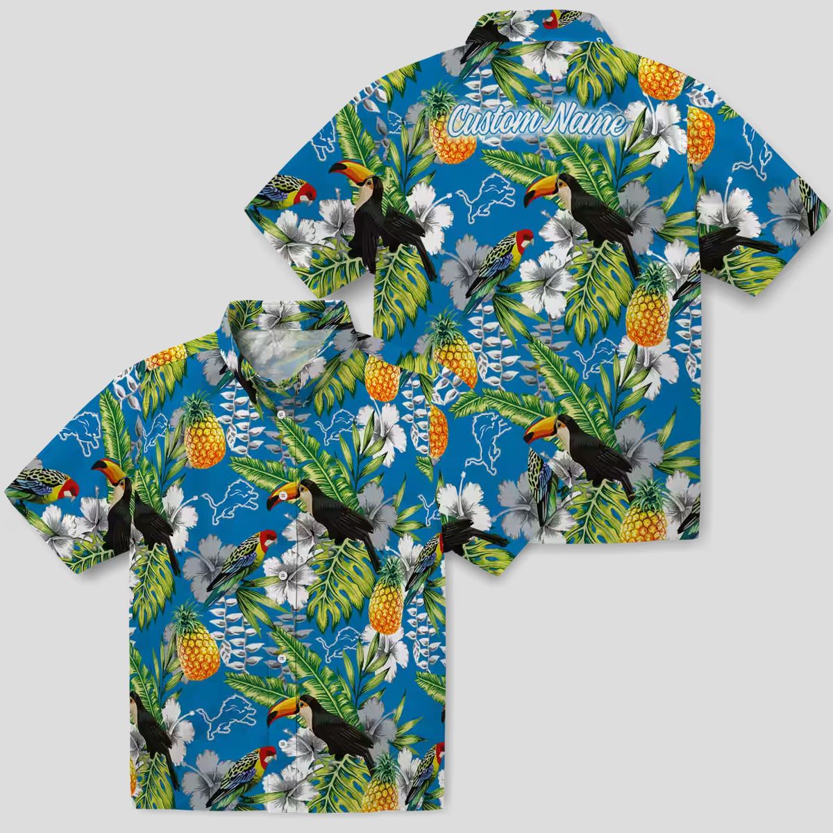 Detroit Lions Blue Green Hawaiian Shirt, Custom Name Tropical Toucan Summer Outfit