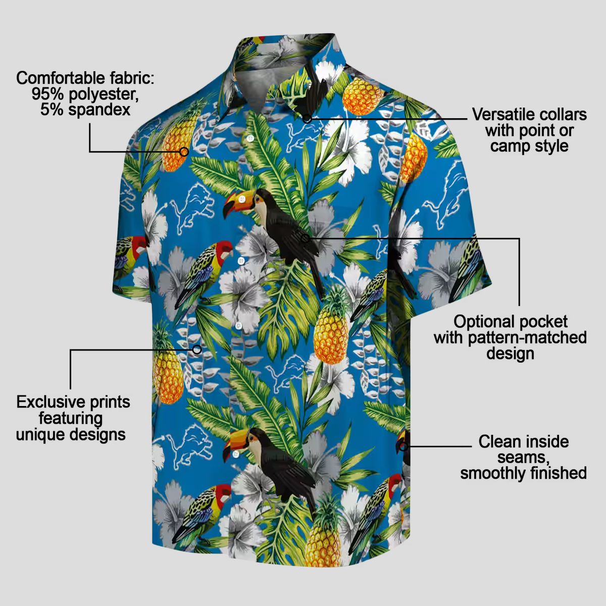 Detroit Lions Blue Green Hawaiian Shirt, Custom Name Tropical Toucan Summer Outfit