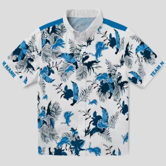 Detroit Lions Blue White Hawaiian Shirt, Botanical Theme Custom Vacation Shirt