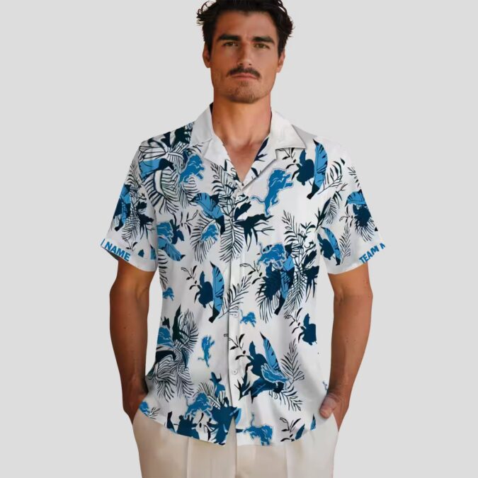 Detroit Lions Blue White Hawaiian Shirt, Botanical Theme Custom Vacation Shirt