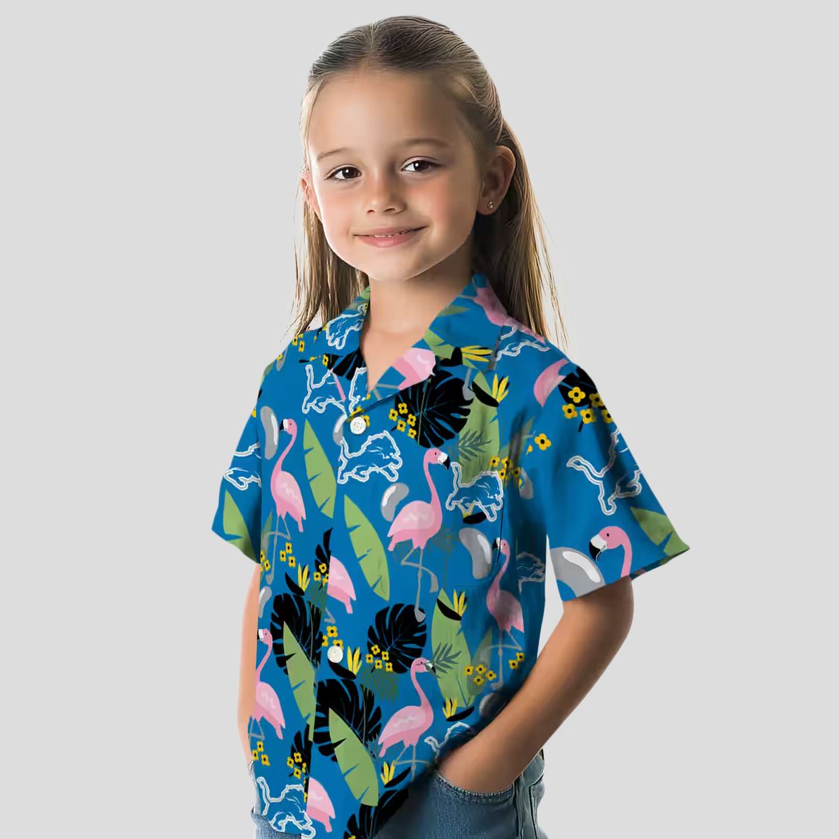 Detroit Lions Flamingo Leaves Blue Aloha Hawaiian Shirt for Football Fans