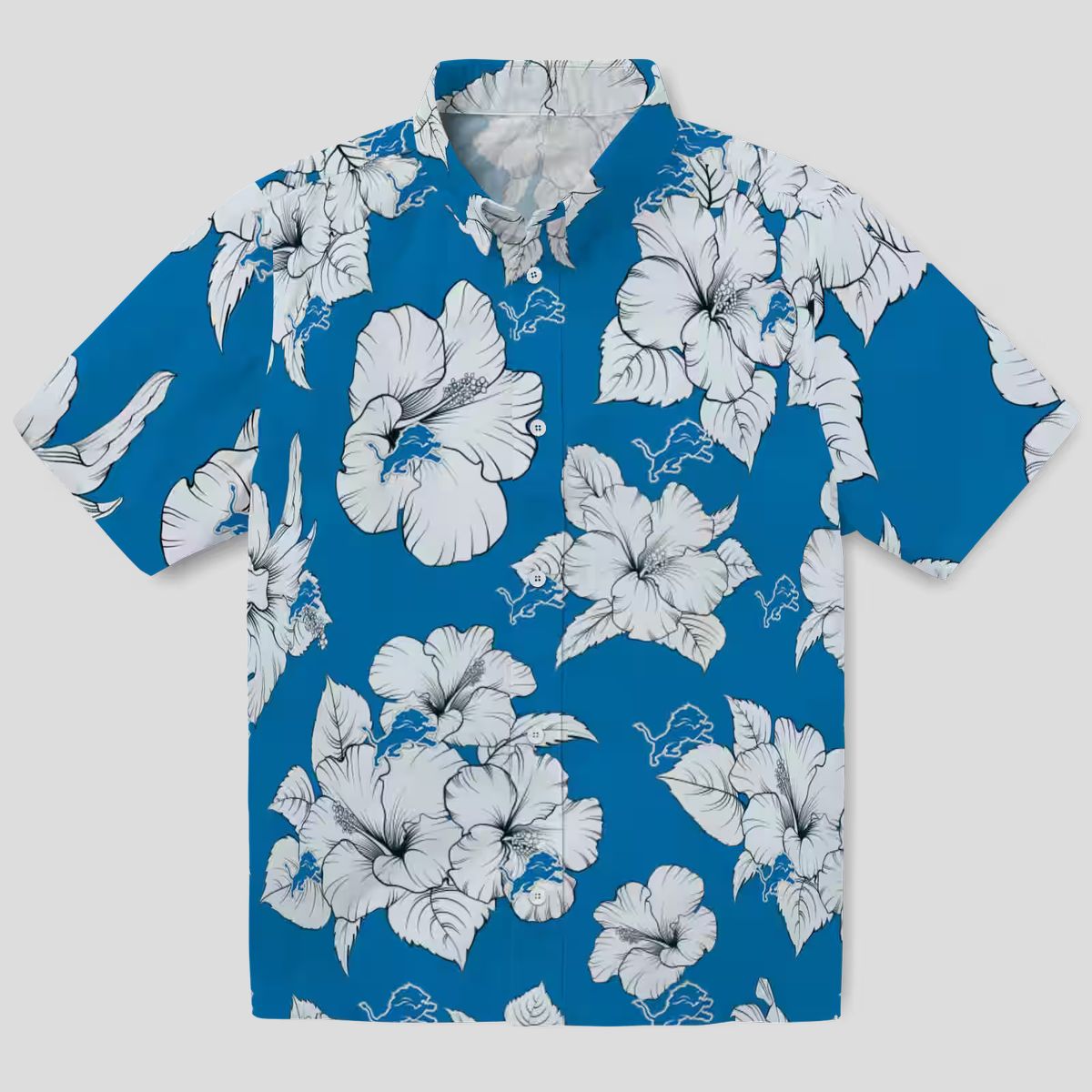 Detroit Lions Hawaiian Aloha Shirt, Hibiscus Blooms Blue & White Summer Wear