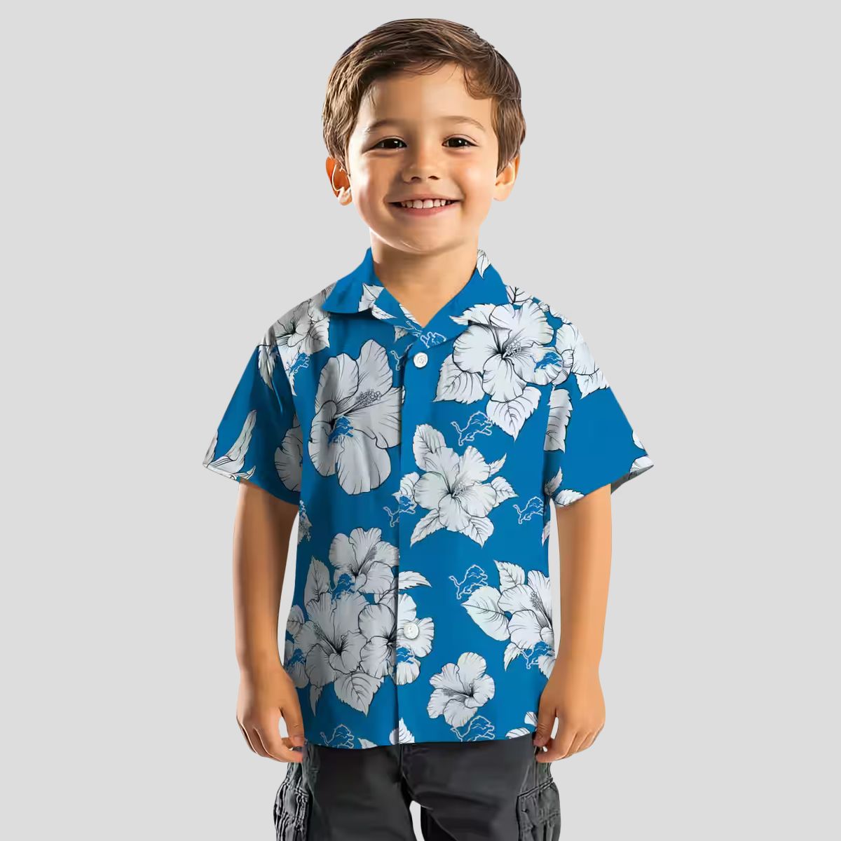 Detroit Lions Hawaiian Aloha Shirt, Hibiscus Blooms Blue & White Summer Wear