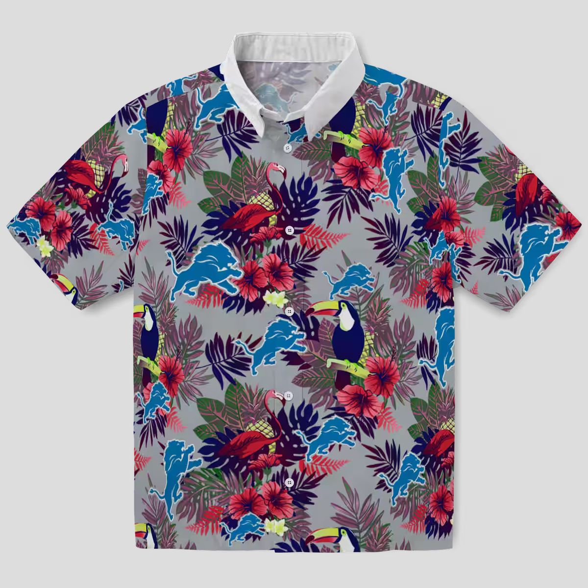 Detroit Lions Hawaiian Shirt, Floral Toucan Blue Red Aloha Style