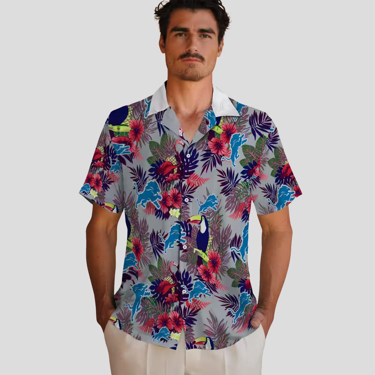 Detroit Lions Hawaiian Shirt, Floral Toucan Blue Red Aloha Style