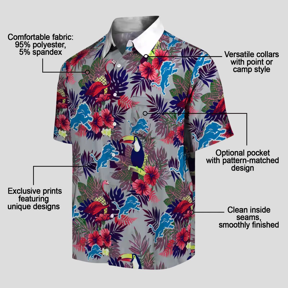 Detroit Lions Hawaiian Shirt, Floral Toucan Blue Red Aloha Style
