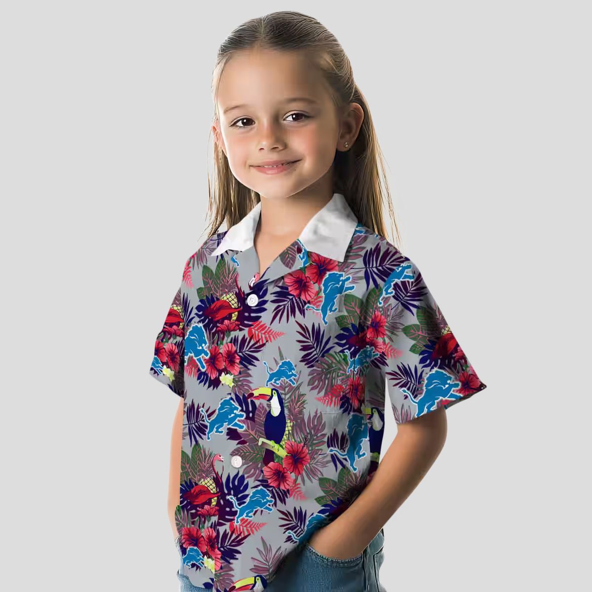 Detroit Lions Hawaiian Shirt, Floral Toucan Blue Red Aloha Style