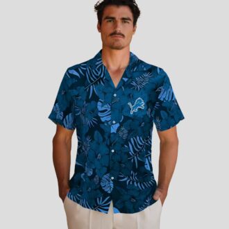 Detroit Lions Jungle Hawaiian Shirt, Blue Tropical Floral Vacation Shirt