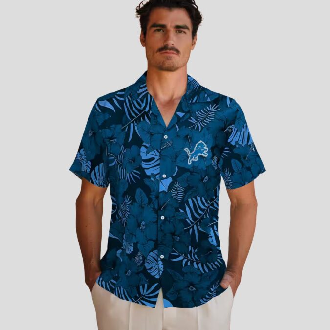 Detroit Lions Jungle Hawaiian Shirt, Blue Tropical Floral Vacation Shirt