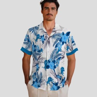Detroit Lions Patriotic Hawaiian Shirt, Blue White Hibiscus Floral Summer Outfit