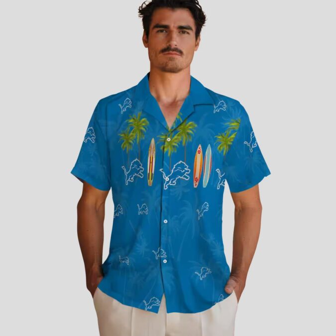 Detroit Lions Surfboard Print Hawaiian Shirt, Palm Blue Beach Shirt
