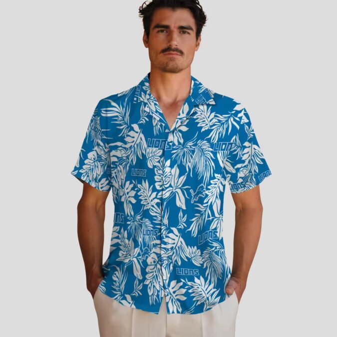 Detroit Lions Tropical Leaf Hawaiian Shirt, Blue White Tropical Beach Shirt